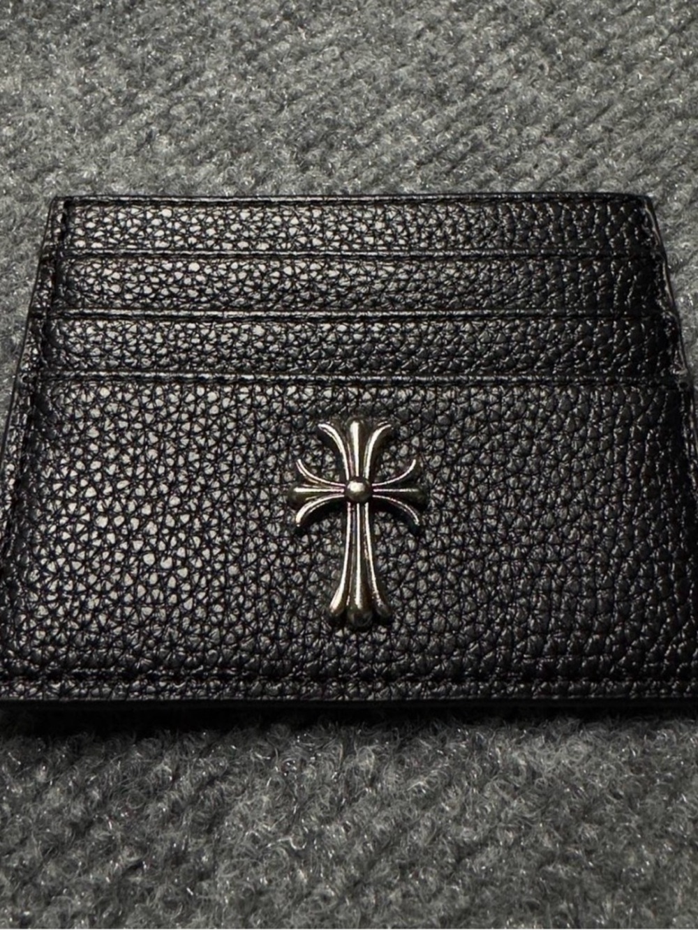 Chrome Hearts Black Pebbled Leather Card Holder with Silver Cross